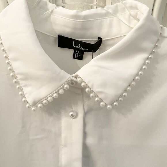 Lulu’s Upscale Composure Blouse Women's S White Pearl Trim Long Sleeve NWT - Picture 9 of 13